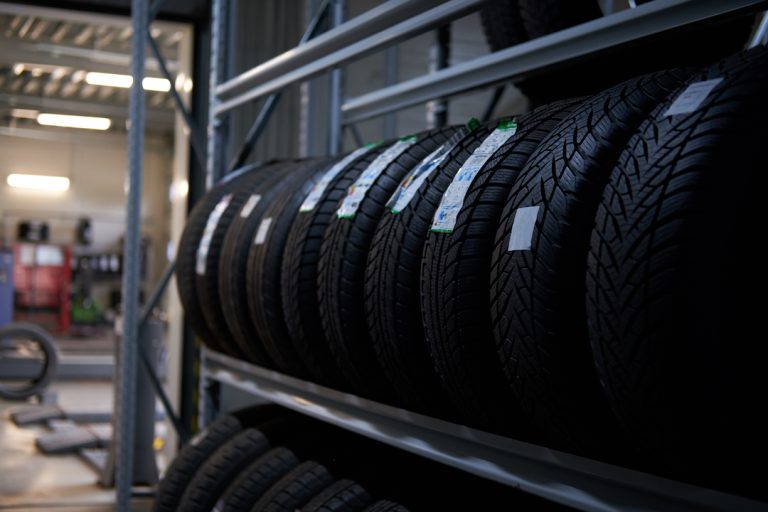 A variety of tires in stock at the mechanics workshop